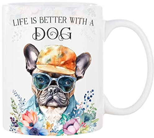 Cadouri Keramik Hunde Tasse mit Spruch „Life is better with a Dog“ und Franz. Bulldogge - Kaffeetasse mit Hunderasse für Hundebesitzer - originelles Geschenk - handgefertigt | 330 ml