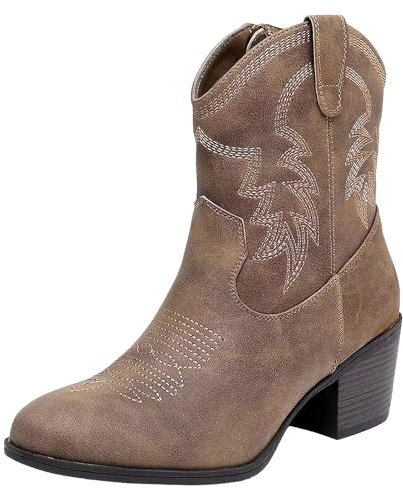 ANUFER Donna Metà Polpaccio Stivali da Cowboy Ricamato Tacco a Blocchi Cerniera Laterale Scarpe Occidentali SN079163D Marrone EU38