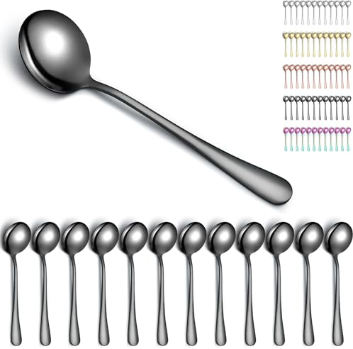 Kyraton Black Soup Spoons 12 Pieces, Stainless Steel Titanium Black Plating Round Stainless Steel Bouillon Spoons, Table Spoons, Dinner Spoons, Dishwasher Safe