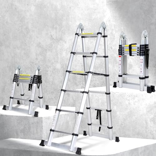 Joparri 3,8M (1.9+1.9) Teleskopleiter Klappleiter Aluminium, Mehrzweckleiter Tragbar Ausziehleiter Teleskopleitern Max Belastung 150 KG/330 Pfund, Rutschfester, Silber