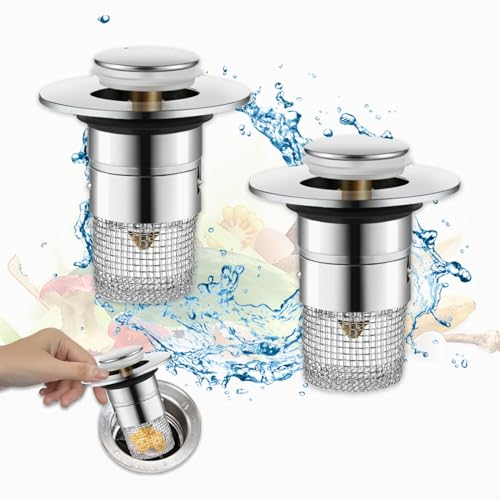 Zamety 2 Pezzi 2 in 1 Tappo Lavandino Bagno Anti-intasamento, Filtro Doccia Capelli Acciaio Inox, Tappo Lavandino Cucina con Anima in Rame, Ciascuno con 2 Guarnizioni, per Fori di Scarico da 34~40mm