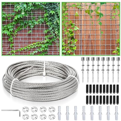 Izrielar Rankhilfe aus Edelstahl für Kletterpflanzen, Rankhilfe, Profi-System als Komplettset mit 12M 3mm 304 Edelstahl Drahtseil für Kletterpflanzen,Seilspanner,Wäscheleine(8 Halter, 12m Seil)