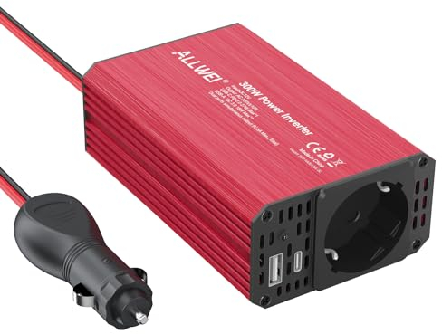 ALLWEI Convertisseur 12V 220V Voiture Transformateur 300W,Onduleur,Onduleur avec Type-C & Port USB - pour Voiture, Caravane, Camping, Recharge de téléphones Portables, Ipad, Iphone et Plus (Rouge)