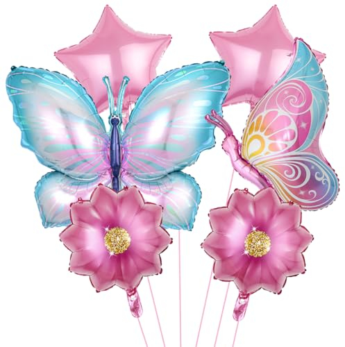 6 Stück Schmetterling Folienballon, XXL Bunt Schmetterlinge Themenballon, süße Blumen Helium Ballon, Blumen Stern Rosa Luftballons für Mädchen Kinder Geburtstag Jubiläum Motto Party