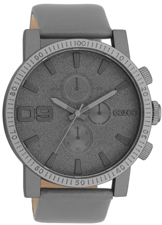 Oozoo Timepieces Herren Uhr in Grau metallic | Armbanduhr Herren mit Lederarmband | Schöne Uhr für Männer | Edle Analog Herrenuhr (48mm Gehäuse) in rund C11312