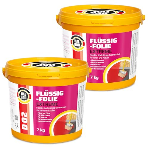 Flüssigfolie 14kg, Flüssiggummi für Innen und Aussen, Faserverstärkte Hochelastische Abdichtung, Wassersperre unter Fliesen, Balkon, Dusche Halbau D02