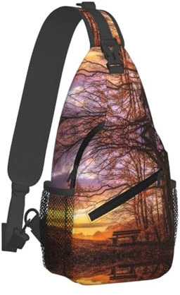 Lonely Bench Sunset Crossbody-Tasche für Herren, bedruckt, Brusttasche, Outdoor, leicht, lässig, Polyester, Umhängetasche mit Reißverschluss, Schwarz , Einheitsgröße