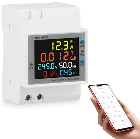 Vehoukli Stromzähler Hutschiene WiFi-Fernbedienung 6 in 1 Multifunktionaler LED Digitaler Energiezähler DIN AC40-300V 100A Wechselstromzähler KWh Zähler Amperemeter Voltmeter Typ CT für Hutschiene