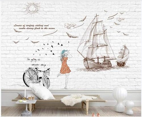 Tzxztt White Brick Wall Sailboat Bicycle Girl Modern 3D Wallpaper Embossed Silk Neutral Tones Material Ideal for Living Room Bedroom-150cm×105cm