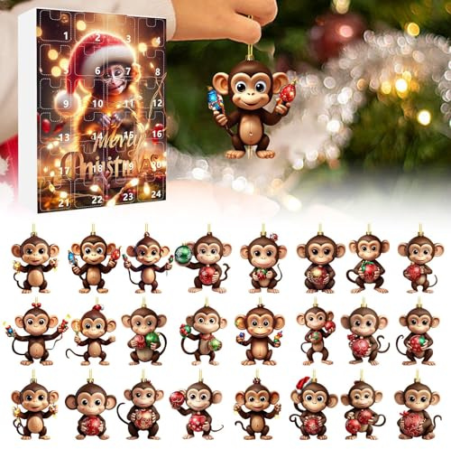 Elektronischer Weihnachts-Countdown, 2D-Weihnachtsdekoration, 2024, Weihnachtsfeiertag, Adventskalender, Affe, 2D-Ornamente, Weihnachtsaffen-Set, Ornamente in Hüten (24 Stück), Gießen Sie über Kaffee