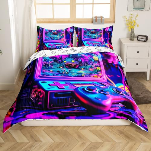 Loussiesd Gamer Bettwäsche Set 135x200cm Neon Gamer Bettbezug Set für Kinder Jungen Mädchen Videospiel Bettbezug Set Reversible Game Controller Atmungsaktiv Bettwäsche-Set Schlafzimmer Sammlung