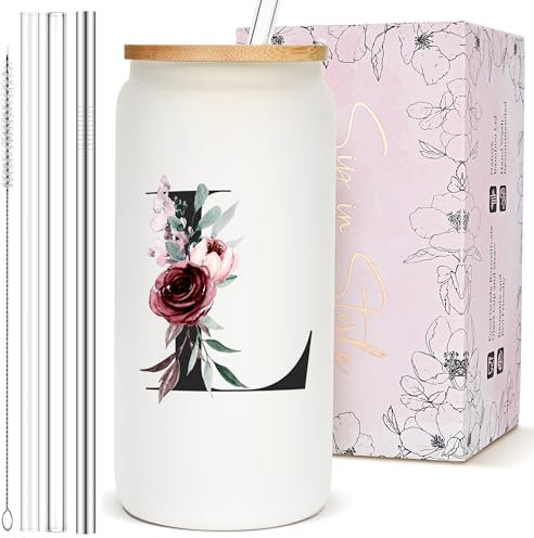 Custom Personalized Gifts for Women, Cute Monogram Glass Cups with Lids and Straws, Customized Initial Letter Drinking Iced Coffee Cup Mug Tumbler, Unique Gifts for Women Mom Who Have Everything, L