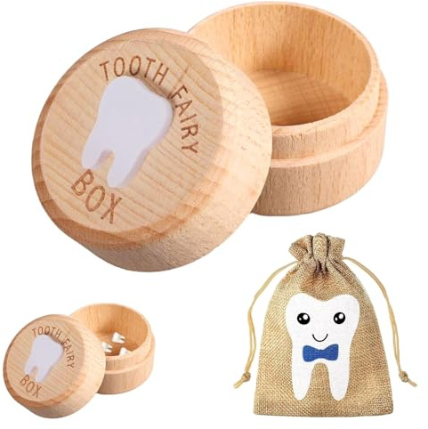 Zahnfeen-Box, 1 Zahnbox mit 1 Zahnfee-Tasche, Holzzahn-Bo x für Zahnverlust, Baby-Geburtstagsgeschenke, Too th Fair y Buchstabe, Baby y Toot h Storage Bo x, Baby-Andenken Bo x (Jungen-Zahnfee-Box)