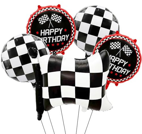 Weiß Karierte Luftballons Rennauto, 5pcs Rennwagen Luftballon, Karierte Luftballons, Racing Folienballon, Cars Geburtstagsdeko, Rennwagen Thema Party Dekorationen