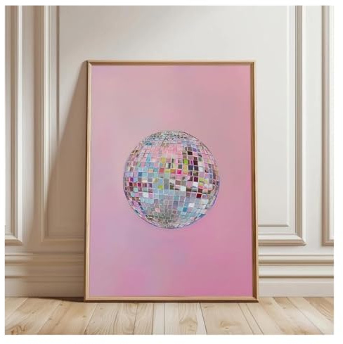 BYAMBD Leinwandbilder Kunstdruck Silberne Discokugel Minimalistisches Leinwandbild Leuchtendes Und Zartes Rosa Mädchen-Poster Wanddekoration Spiegelkugeldruck Rahmenlos(50x70cm)