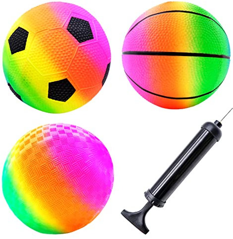 Mritrit 3 Stück Klein Spielball Kinder PVC Kickball Fußball mit Pumpe, 15cm Spielplatzbälle Bunter Wasserball Aufblasbar, Beachvolleyball Regenbogen, Leicht Kinderball für Garten und Strandurlaub