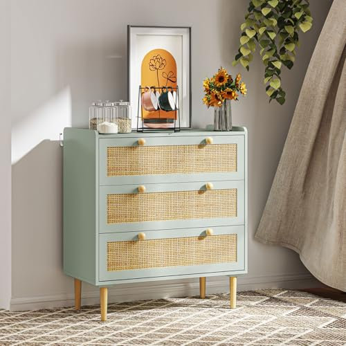 Kommode Sideboard 80 x 40 x 87,5 cm, Nachttisch mit drei Schubladen und sechs Knöpfen, Sideboard in Rattanoptik mit Stauraum und Beinen aus Massivholz, geeignet für Schlafzimmer, Esszimmer, Wohnzimmer