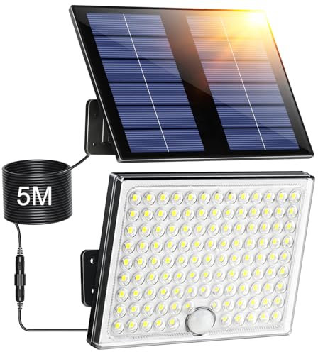 Giliwosy Focos Led Exterior Solares, Luz Solar Exterior con Sensor de Movimiento con 2000mAh Batería Recargable, 4 Modes, IP65 Impermeable, Cable de 5M, Luces Led para Jardín, 1 Pieza