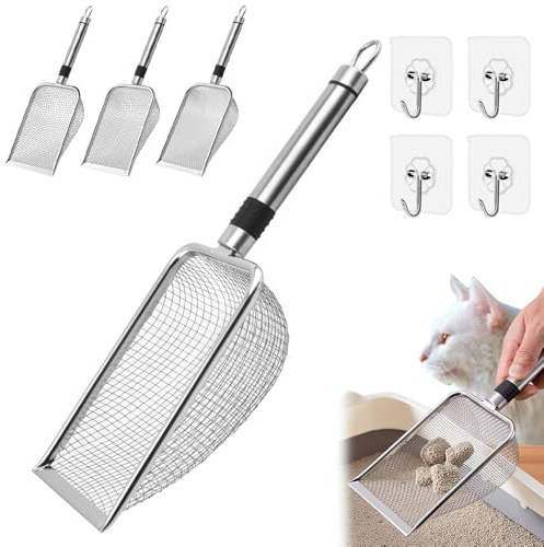 XPJBKC 4PCS Pelle à Litière pour Chat avec Poignée en Métal Nettoyant, Pelle a Litiere Chat, Multifonctionnel Tamis Jardinage, Tamis à Terre (Mailles 2/2,8/3,8/5mm)