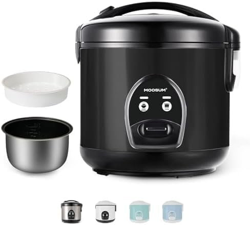 MOOSUM Reiskocher mit Keramikbeschichtung - 1,8L große Kapazität - Für 2-10 Personen - inkl. Dampfgarer -Einsatz - Warmhaltefunktion, Reislöffel & Messbecher - Schwarz