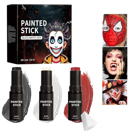 HASAIKA® Bâton de peinture corporelle, Crayon Corporel en Bâton de Peinture, 3 pièces De Peinture Visage, Convient au maquillage de clown, de squelette et de zombie pour Halloween (Noir/Blanc/Rouge)