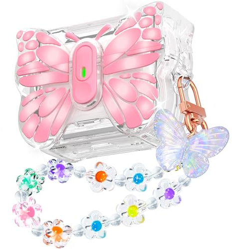 R-fun für AirPods Pro 2 Case Butterfly Artistry,automatisch aufklappbarer Deckel,Ständerfunktion, 360°-Schutz in Militärqualität mit schönem Armband&Reinigungsset für AirPods Pro 2,Pink