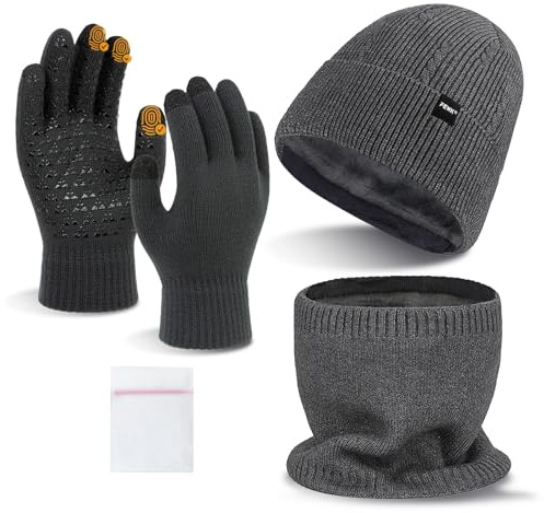 Yuaerbuo Touchscreen Handschuhe Mütze Schal Set Herren Damen, 4-Teiliges Set Fleece Gefüttert Strickmütze Winterhandschuhe Schlauchschal mit Wäschesack für Halswärmer Sets
