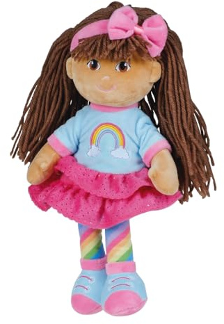 Happy People Schlenkerpuppe Mia, ca. 30 cm groß, Stoffpuppe mit Haarschleife und Outfit im Regenbogendesign, gestickte Augen, Nasen und Mund, Handwäsche, ab 0 Monate+