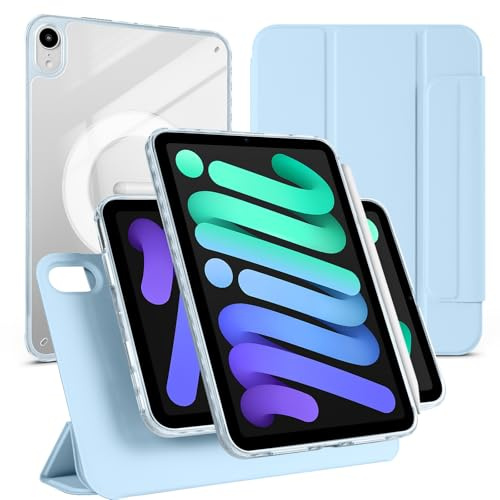 Custodia magnetica staccabile per iPad mini 7 A17 Pro 2024/Mini 6 2021 da 8,3 pollici, antiurto, trasparente, con supporto verticale e orizzontale, con funzione di accensione/spegnimento automatico