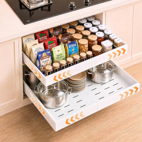 PNNP Cajones Extraibles para Cocina 2 piezas: 52 cm de profundidad | Bandeja Armario Telescópico Adhesivos - Organizador Armario de Ancho Ajustable (32-53cm) - Sin Taladrar | Blanco