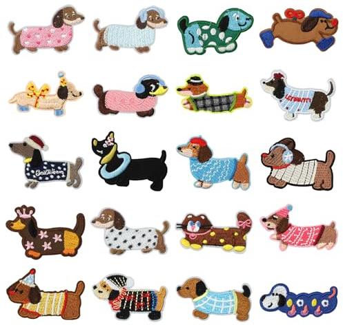 20 Stück Dackelmuster Patches zum Aufbügeln, Hund Flicken zum Aufbügeln | Bügelflicken Niedliche, Bestickt Aufnäher zum Aufbügeln, für Kleidung Jeans Hut Rucksack