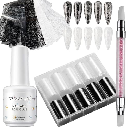 GZMAYUEN Transferfolien gel mit Lace Nail Foil Transferfolie Nägel Set, 15ml Nail Art Transfer Gel Nägel