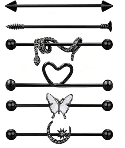 APMGONT 6 Stück Industrial Piercing Schmuck 14G Edelstahl Industrial Piercing Bars Ohrringe Schmetterling, Herz, Mond Barbell Ohrringe für Knorpel und Helix
