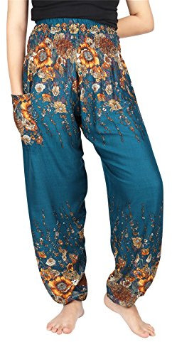 Lofbaz Damen Boho Haremshose Festival Outfit Sommerhose Leicht Yogahose Pumphose Hippie Hose Kleidung Sommer Hosen - Floral 2 Teal Grün L