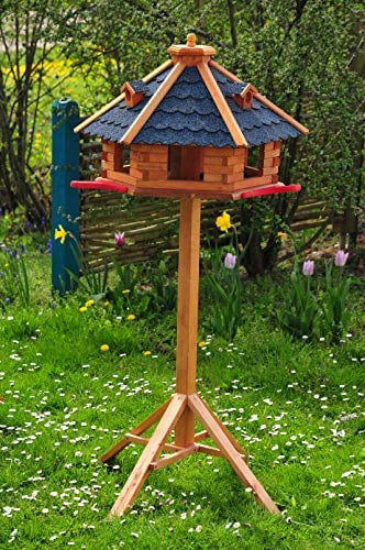 MASSIVHOLZ PREMIUM Vogelhaus, groß, Xmit Anflugbrett/Landebahn + LED - Beleuchtung/Licht, Massivholz,wetterfest, Gartendeko aus Holz blau mit Ständer blaue