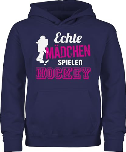Kinder Hoodie Jungen - Sport Kleidung - Echte Mädchen spielen Hockey - 128 (7/8 Jahre) - Navy Blau - hoody 25. geburtstag eishockey reitpullover feldhockey pullover echt hudis pulli kinderpullover