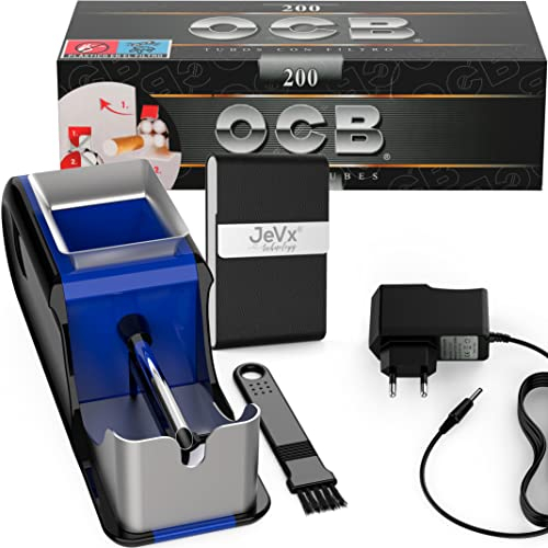 JEVX Rouleuse à tabac + 200 tubes avec filtre OCB - Machine électrique pour le remplissage de cigares, a roler pour fumer des cigarettes, Tube électrique pour rouler Couleur Bleu