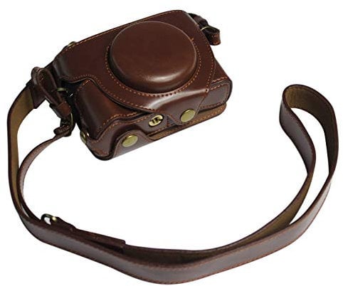 Full Protection Bottom Opening Version Protective PU Leather Camera Case Bag For Canon PowerShot G5x Mark ii with Shoulder Strap Dark Brown