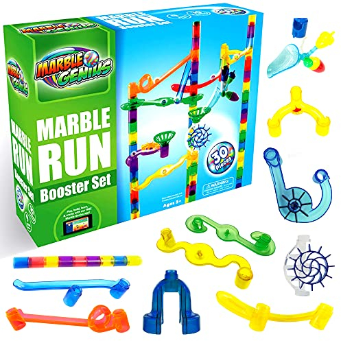 Marble Genius Kugelbahn Booster Set - 30 Stück insgesamt (10 Actionteile enthalten), Konstruktionsbausteine Spielzeug ab 3 Jahren, mit Anleitung App Zugang, Add-On Set, Original