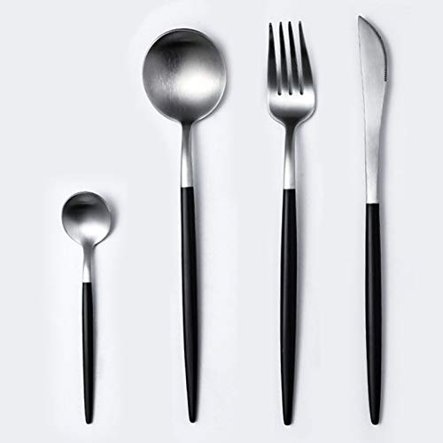 Ensemble de Coutellerie couverts de table range 24 pièces, acier inoxydable avec fourchette à cuillère, service pour 6 personnes, poli miroir et allant au lave-vaisselle (Noir + argent)