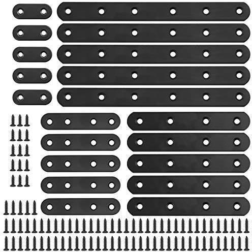 Glarks 110Pcs 20Pcs 40mm 80mm 130mm 200mm Flat Straight Corner Brace Black Metal Joint Plate Connector Repair Fixing Bracket with Mounting Screws Set for Wood Furniture