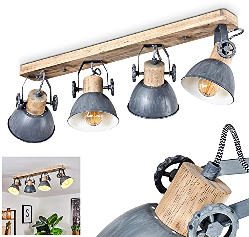 Deckenleuchte Orny, 4-flammiger Deckenstrahler aus Holz und Metall in grau, Industrial/Vintage Look Zimmerlampe, 4 x E27, die Leuchtenköpfe sind verstellbar,ohne Leuchtmittel