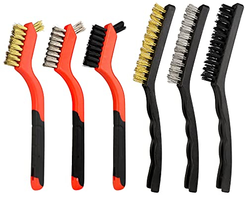 Juego de cepillos de alambre, 6 unidades, mini cepillo de limpieza de alambre, latón, acero inoxidable y nailon resistente curvado para arañazos, para óxido, suciedad y pintura, 17,8 cm, 9 cm
