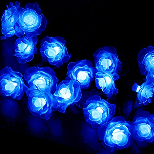 KINGCOO Rosen Blume Lichterketten Garten, Wasserdicht 20LED Blumen Girlande Party Solar Fee Lichter Außerlichterkette für Verlobung Valentinstag Hochzeit Innen Weihnachtsdeko (Blau)