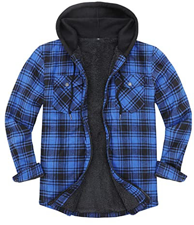 ZENTHACE Blouson à carreaux avec doublure Sherpa pour homme, bleu, M