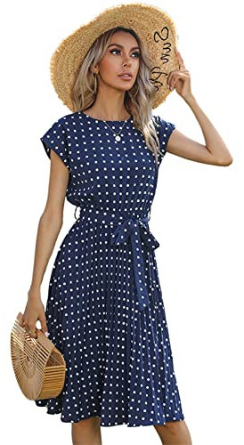 BOUTIKS Kleid Damen Sommer Elegant Rundhalsausschnitt Kurzarm Plissee A-Linie Polka Dot Kleid mit Gürtel, L