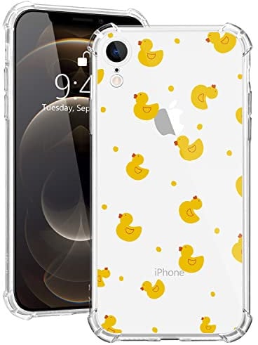 MAYCARI for iPhone XR Phone Case Cute Girls Yellow Duck Painting, iPhone XR Clear Girly Design Transparent Shockproof Anti-Scratch Soft Flexible TPU Cover with Air Cushion for Girls Women Children