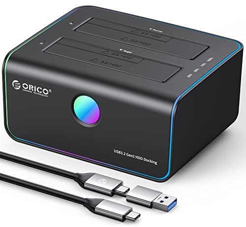 ORICO 2.5 3.5 RGB Hard Drive Docking Station Offline Clone USB 3.2 to SATA HDD SSD Hard Drive Dock Duplicator up to 36TB with UASP [Support Both USB-C and USB-A ] (8828C3-C)