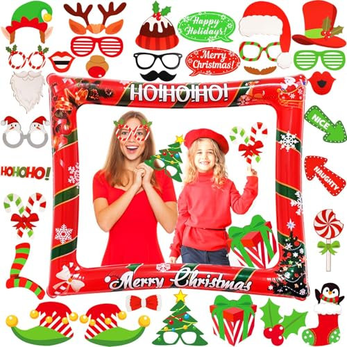 Rot Weihnachten Aufblasbarer Fotorahmen, 32PCS Weihnachtsfeier Foto Requisiten, Weihnachtsfeier Fotorequisiten, Xmas Photo Booth Requisiten, Fotobox Accessoires Weihnachten, für Weihnachtsdeko