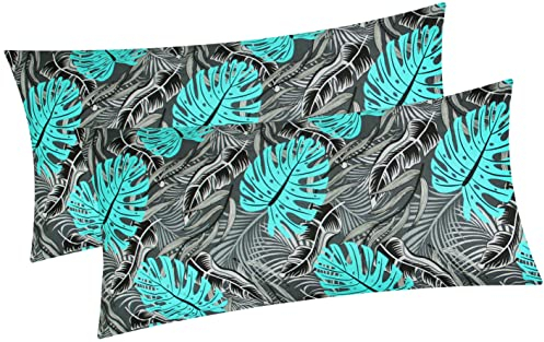 Baumwoll Renforcé Kissenbezug - 2er Set in 40x80cm - Blätter in Grau, Schwarz und Türkis - Kopfkissen-Bezug, Kissenhülle, Dekokissenbezug aus 100% Baumwolle (KY-630/1-40x80)